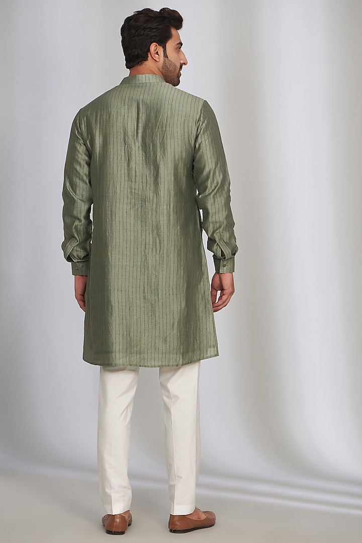 Sage Green Raw Silk Thread Work Bundi Jacket Set by SARAN KOHLI at Pernia's Pop Up Shop