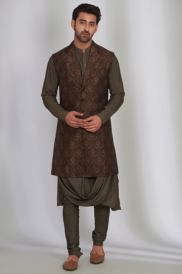 Wine Pure Silk Printed Wedding Indowestern Set by SARAN KOHLI at Pernia's Pop Up Shop