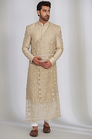 Beige Pure Raw Silk Sherwani Set by SARAN KOHLI