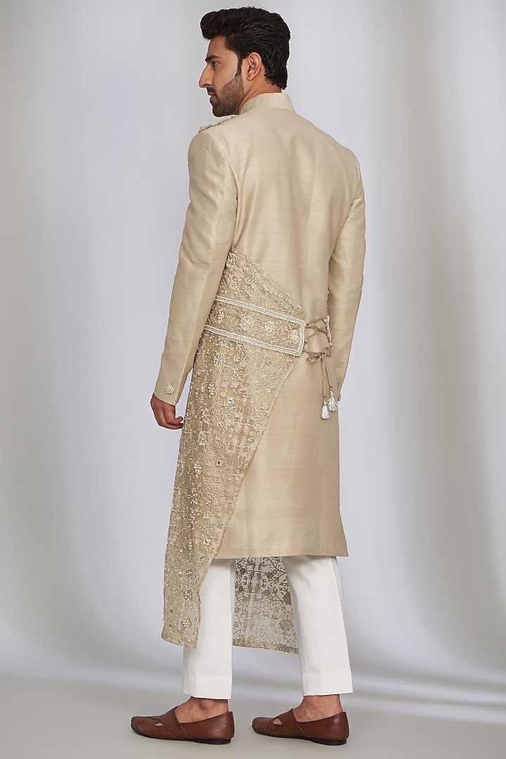 Beige Pure Raw Silk Groom Sherwani Set by SARAN KOHLI at Pernia's Pop Up Shop