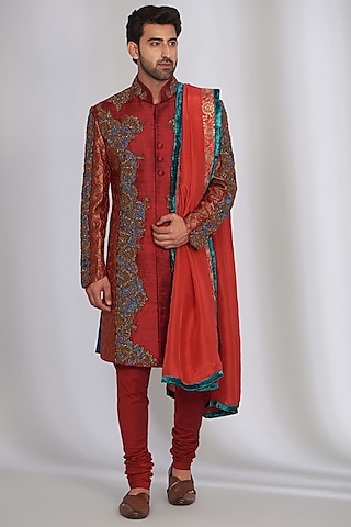 Powder Red Pure Raw Silk Embroidered Sherwani Set by SARAN KOHLI