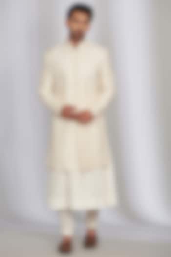 White Silk Sherwani Set by SARAN KOHLI