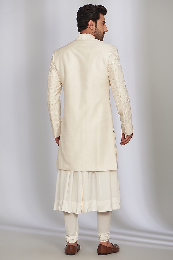 White Silk Groom Sherwani Set by SARAN KOHLI at Pernia's Pop Up Shop