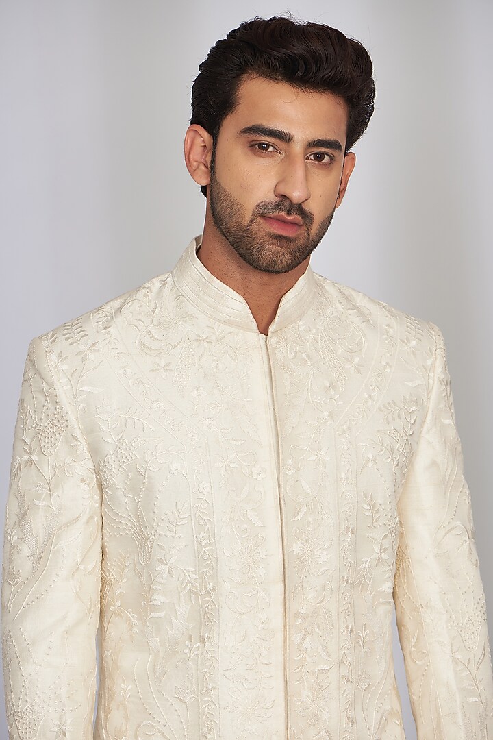 White Silk Groom Sherwani Set by SARAN KOHLI at Pernia's Pop Up Shop