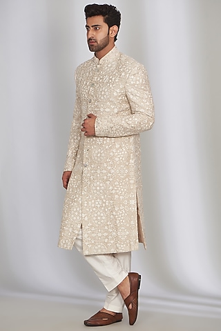 Ivory Chanderi Silk Embroidered Sherwani Set by SARAN KOHLI