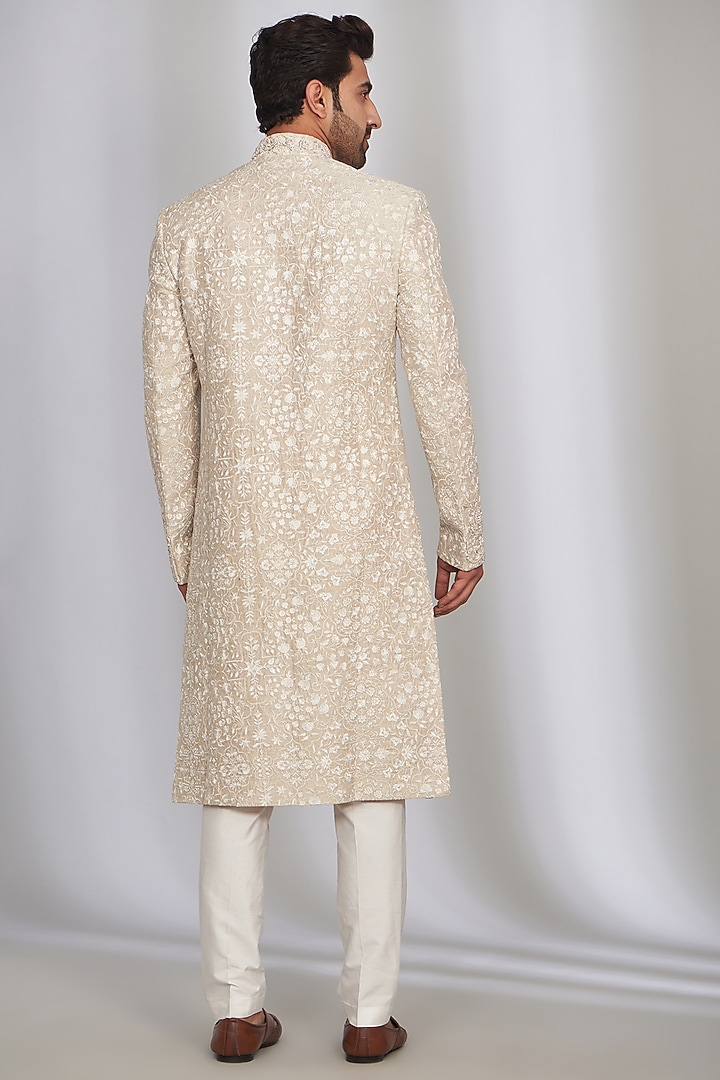 Ivory Chanderi Silk Embroidered Groom Sherwani Set by SARAN KOHLI at Pernia's Pop Up Shop