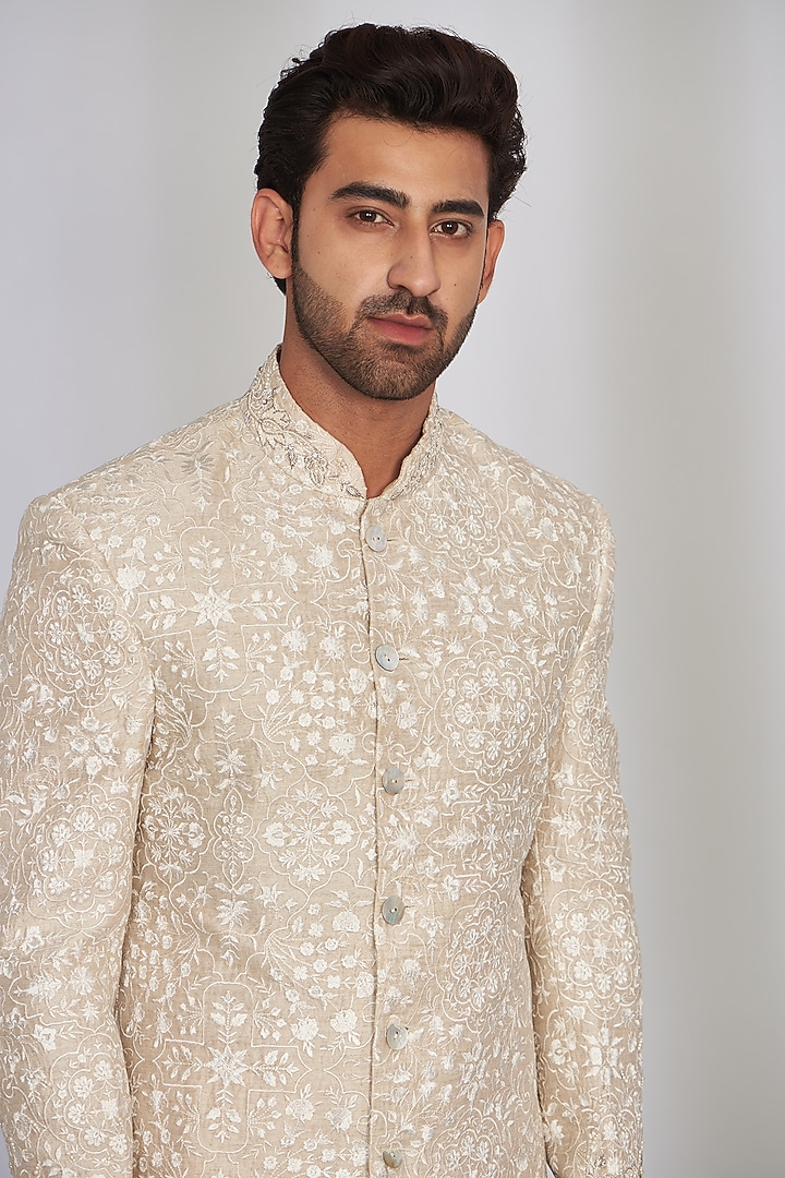 Ivory Chanderi Silk Embroidered Groom Sherwani Set by SARAN KOHLI at Pernia's Pop Up Shop