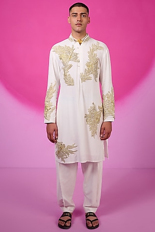 White Silk French Lace Hand Embroidered Kurta Set by SARAN KOHLI