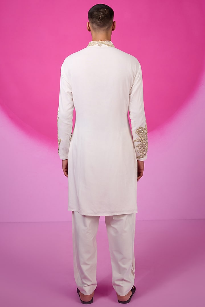 White Silk French Lace Hand Embroidered Kurta Set by SARAN KOHLI at Pernia's Pop Up Shop