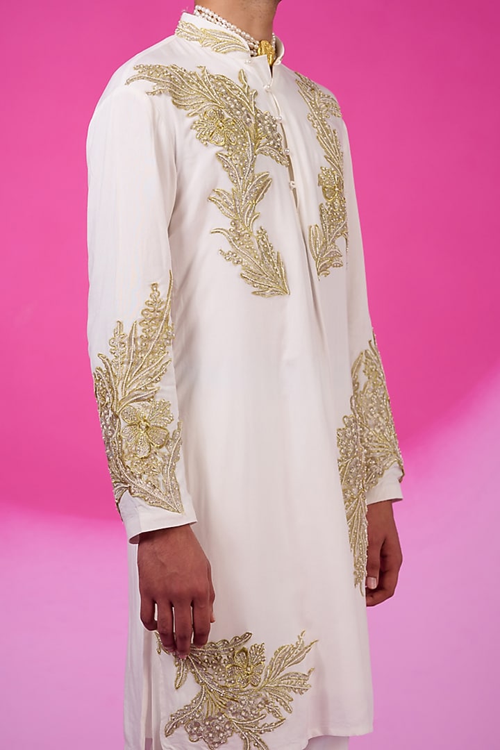 White Silk French Lace Hand Embroidered Kurta Set by SARAN KOHLI at Pernia's Pop Up Shop