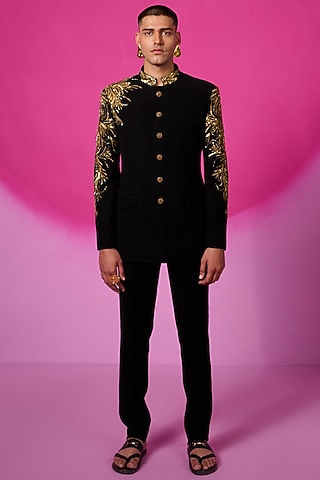Black Japanese Crepe Sequins Hand Embroidered Bandhgala Set by SARAN KOHLI