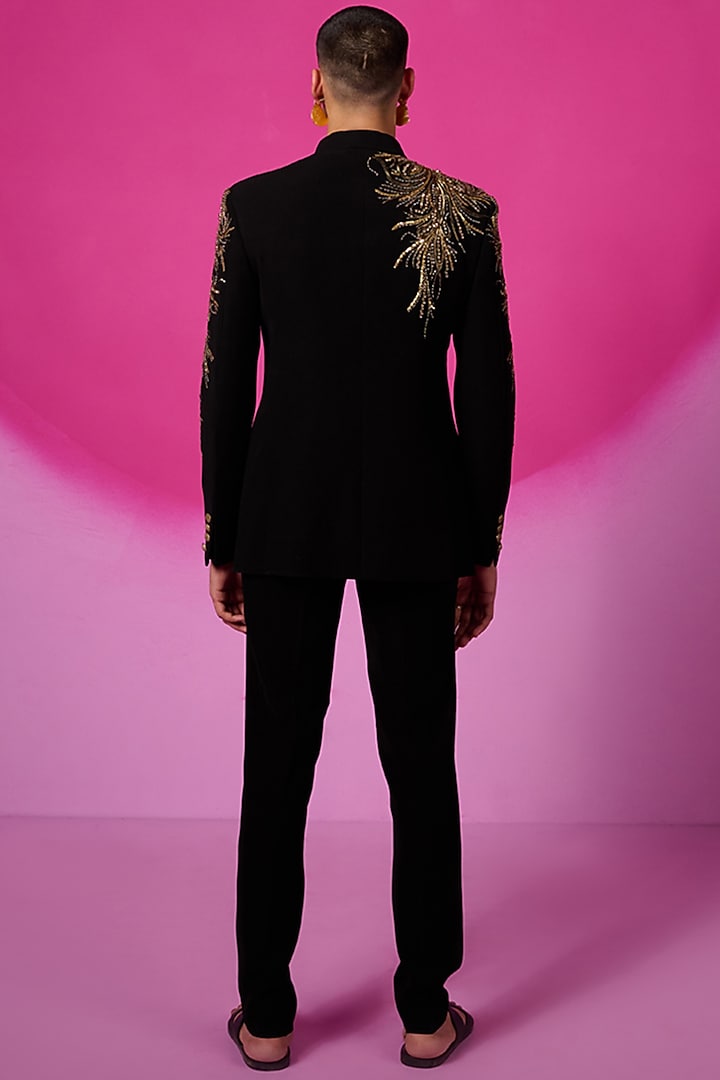 Black Japanese Crepe Sequins Hand Embroidered Wedding Bandhgala Set by SARAN KOHLI at Pernia's Pop Up Shop