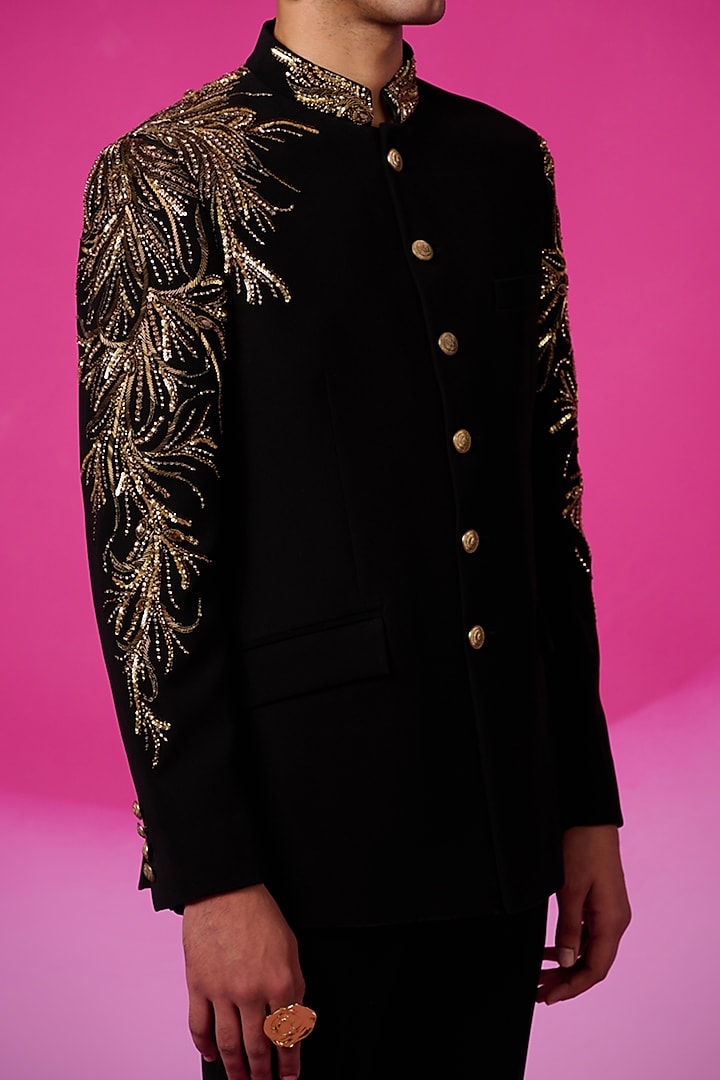Black Japanese Crepe Sequins Hand Embroidered Wedding Bandhgala Set by SARAN KOHLI at Pernia's Pop Up Shop
