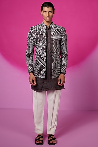 Grey Silk Crystal Embroidered Indowestern Set by SARAN KOHLI