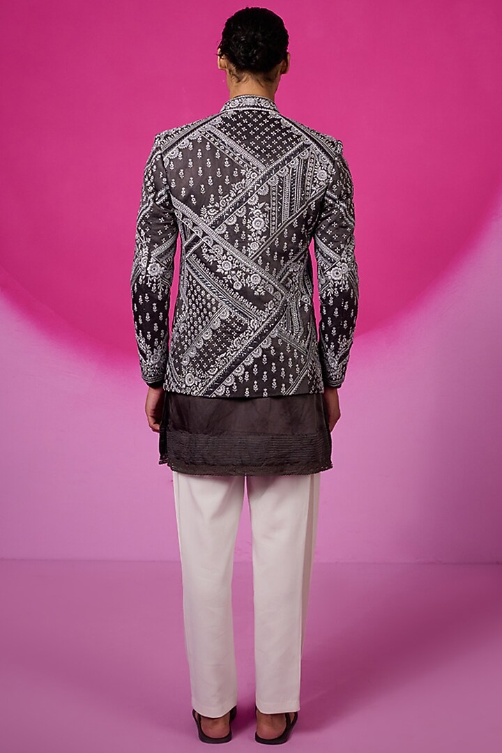 Grey Silk Crystal Embroidered Groom Indowestern Set by SARAN KOHLI at Pernia's Pop Up Shop