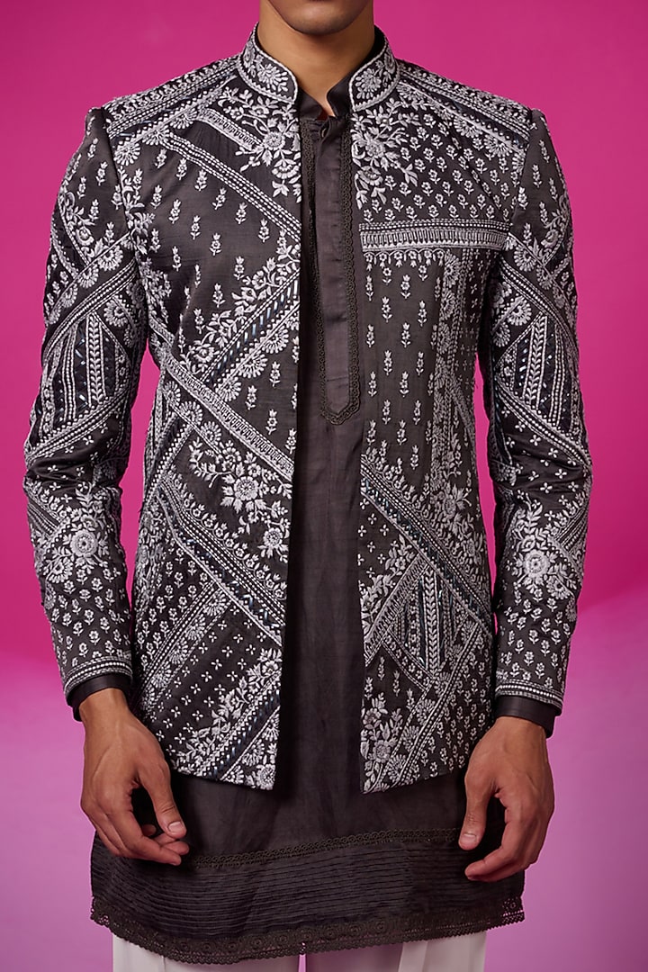Grey Silk Crystal Embroidered Groom Indowestern Set by SARAN KOHLI at Pernia's Pop Up Shop