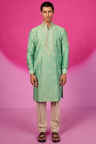 Light Green Silk Mirror Embroidered Kurta Set by SARAN KOHLI