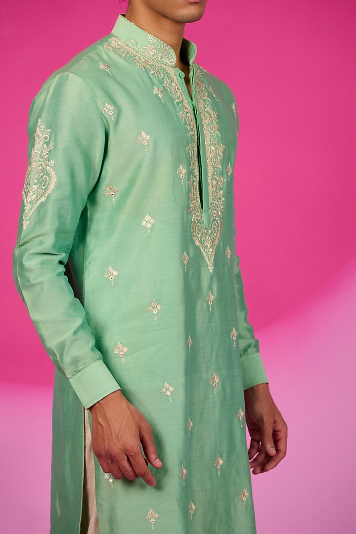 Light Green Silk Mirror Embroidered Kurta Set by SARAN KOHLI at Pernia's Pop Up Shop
