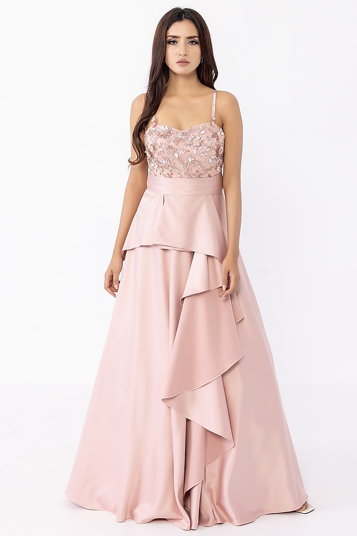Dusty Pink Italian Satin Embellished Gown by SARTORIALE