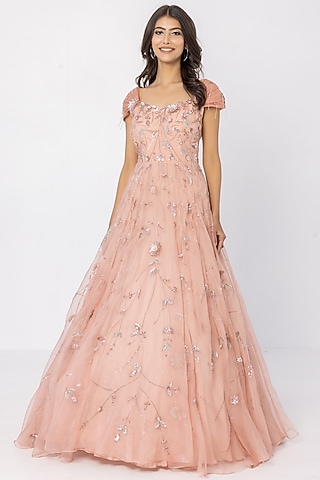 Rose Pink Silk Organza Embellished Gown by SARTORIALE