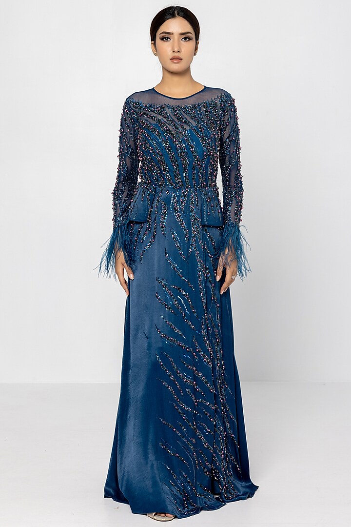 Petrol Blue Italian Satin Crepe Embellished Gown by SARTORIALE