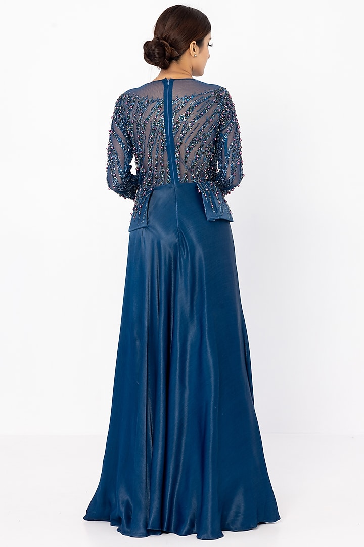 Petrol Blue Italian Satin Crepe Embellished Engagement Gown by SARTORIALE at Pernia's Pop Up Shop