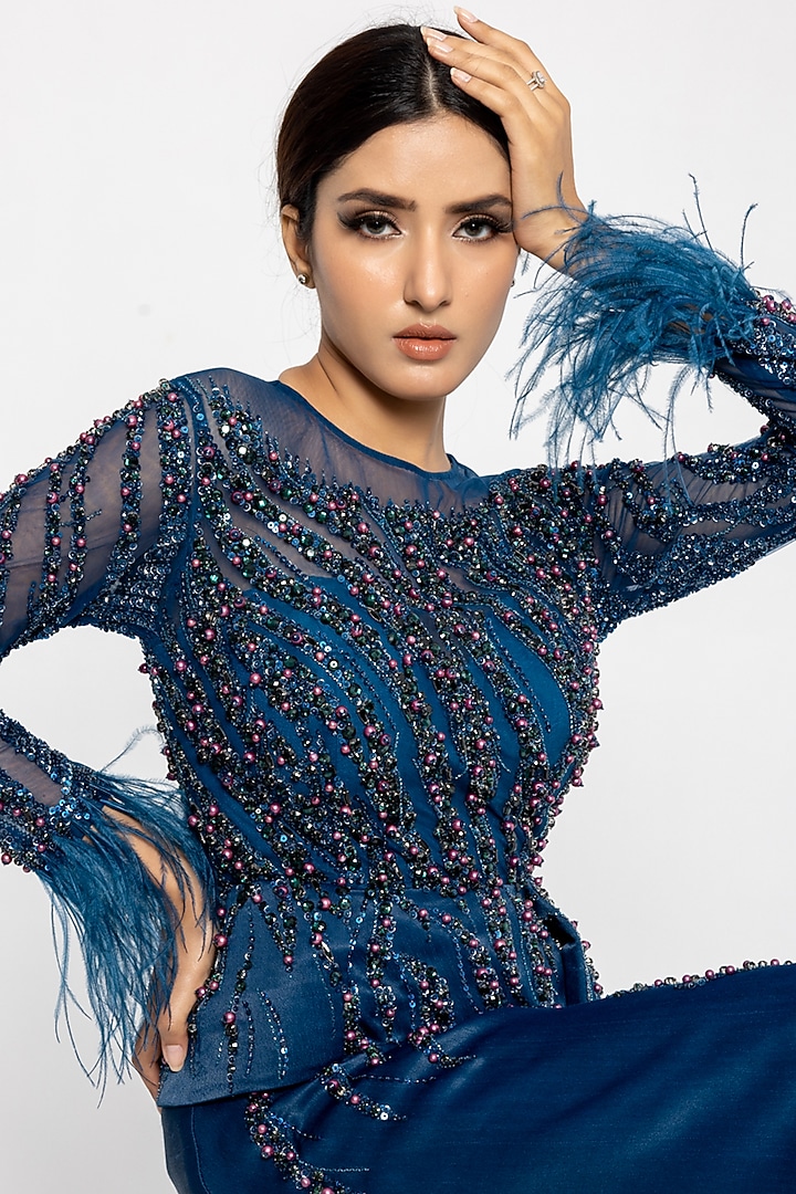 Petrol Blue Italian Satin Crepe Embellished Engagement Gown by SARTORIALE at Pernia's Pop Up Shop