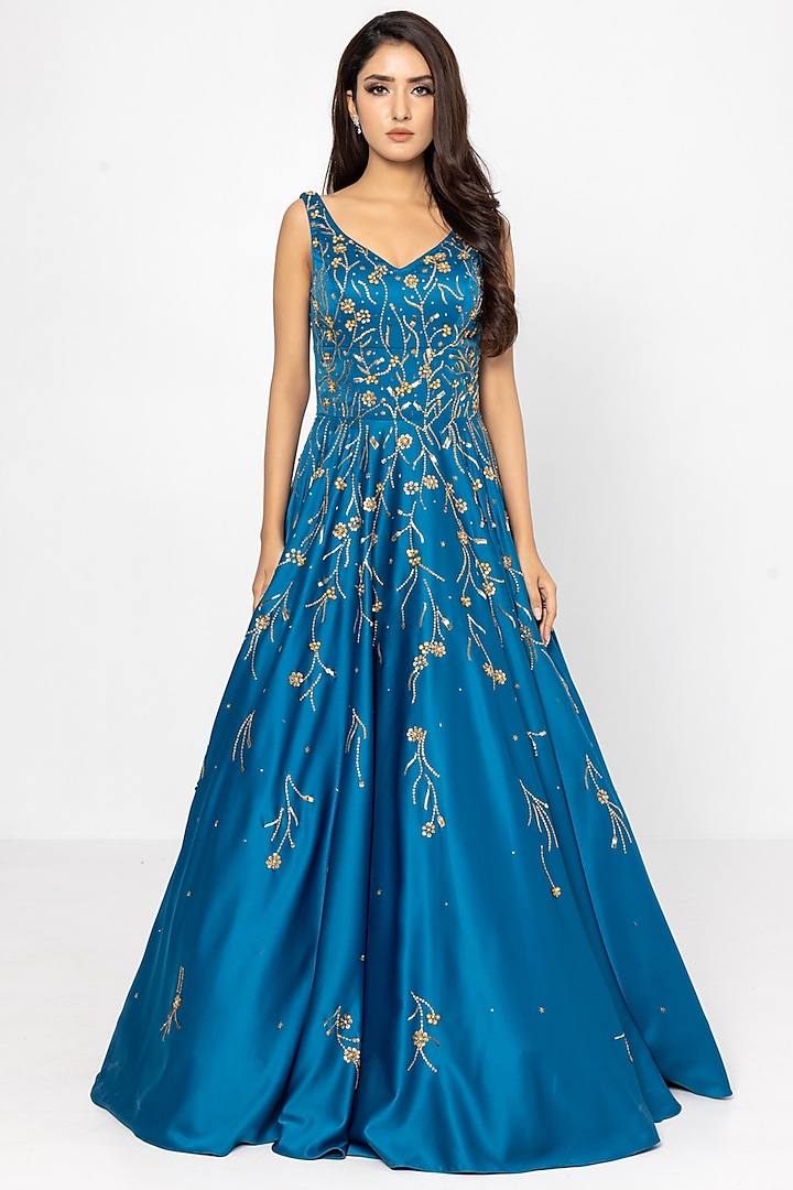 Petrol Blue Satin Crepe Embellished Gown by SARTORIALE
