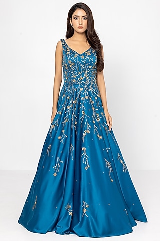 Petrol Blue Satin Crepe Embellished Gown by SARTORIALE