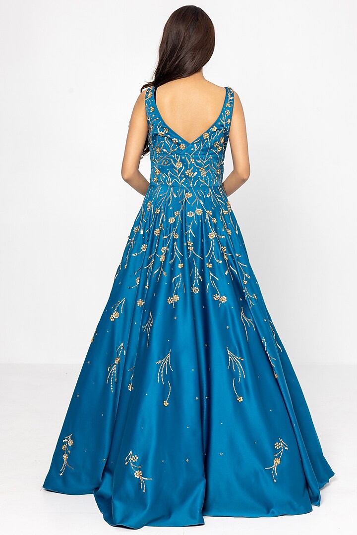 Petrol Blue Satin Crepe Embellished Engagement Gown by SARTORIALE at Pernia's Pop Up Shop