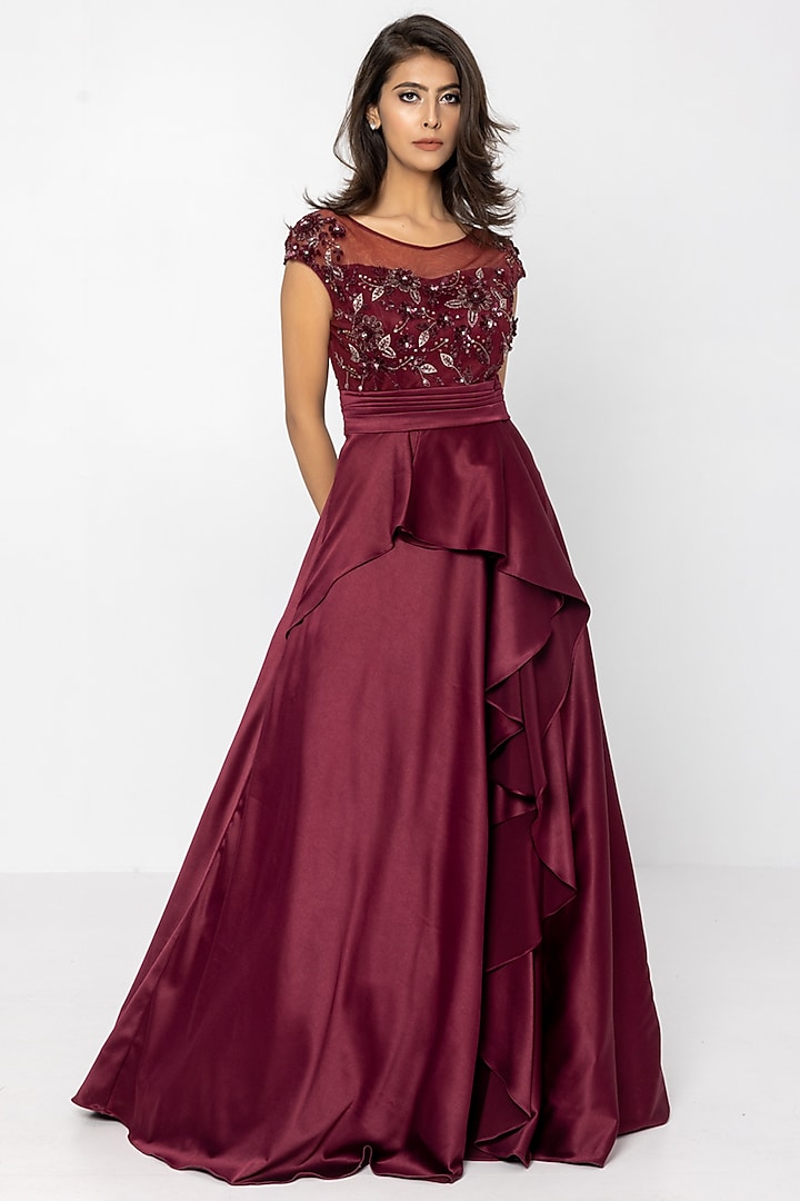 Burgundy Italian Satin Embellished Gown by SARTORIALE