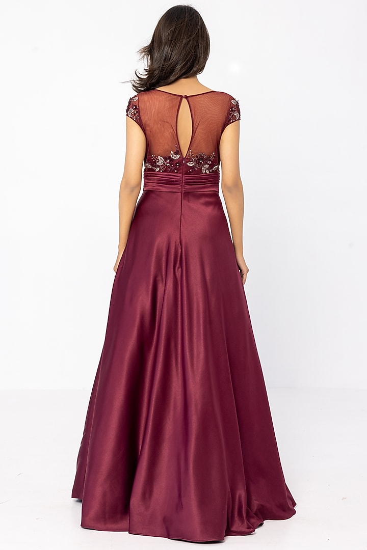 Burgundy Italian Satin Embellished Engagement Gown by SARTORIALE at Pernia's Pop Up Shop