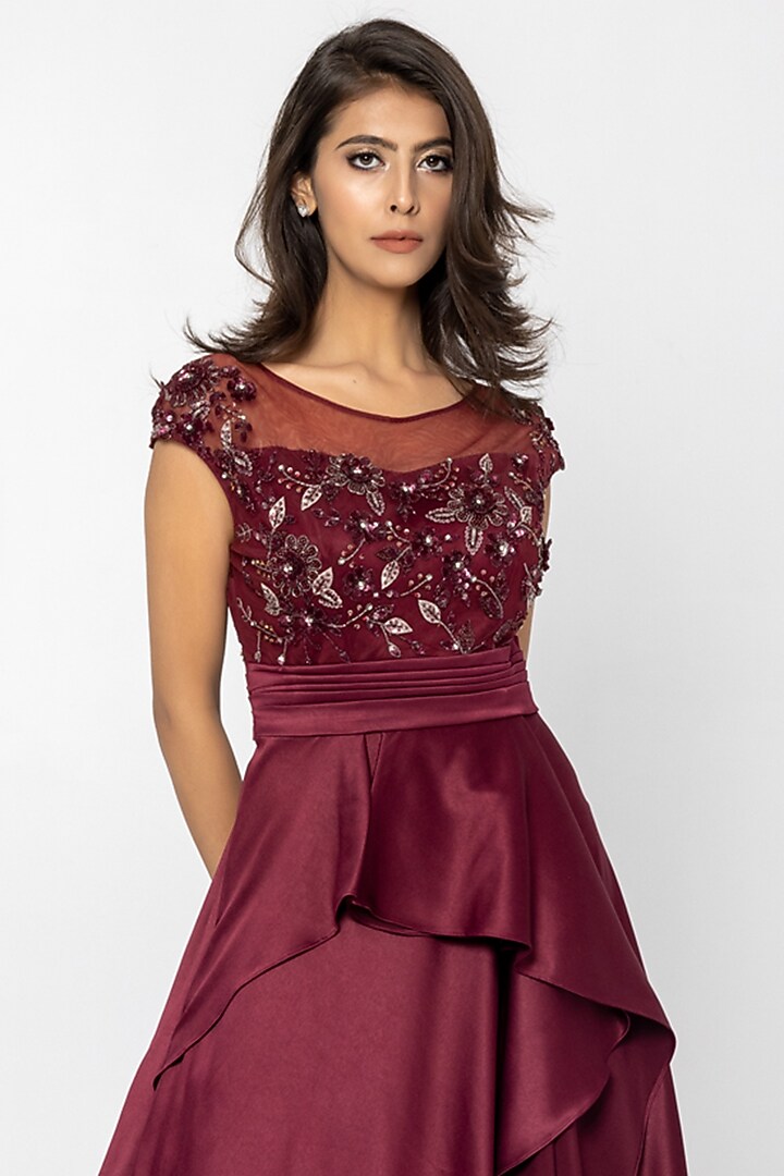Burgundy Italian Satin Embellished Engagement Gown by SARTORIALE at Pernia's Pop Up Shop