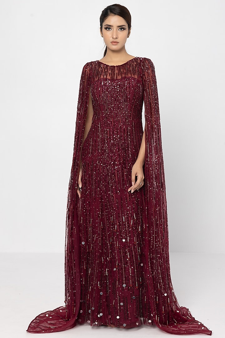 Wine Net Embroidered Gown by SARTORIALE