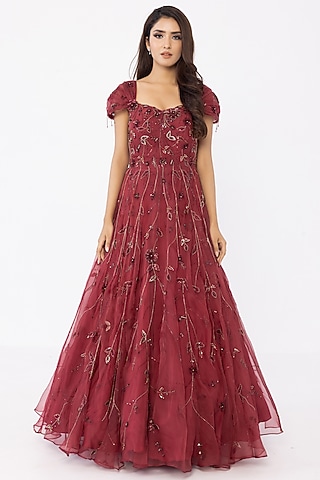 Wine Silk Organza Embroidered Gown by SARTORIALE