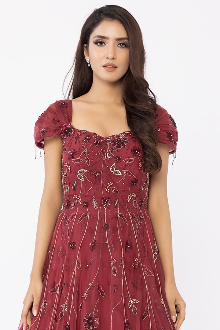 Wine Silk Organza Embroidered Engagement Gown by SARTORIALE at Pernia's Pop Up Shop