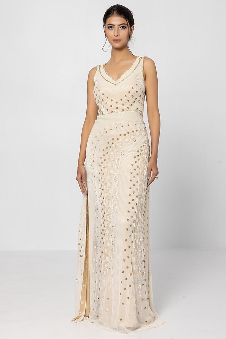 Off-White Georgette Hand Embellished Gown by SARTORIALE