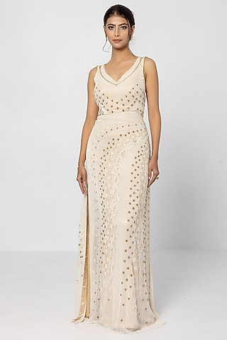 Off-White Georgette Hand Embellished Gown by SARTORIALE