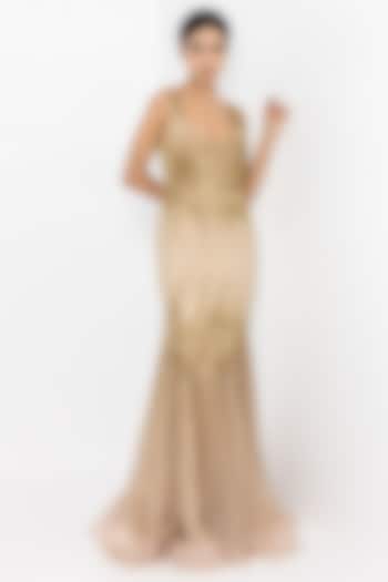 Beige & Gold Shimmer Organza Hand Embellished Gown by SARTORIALE