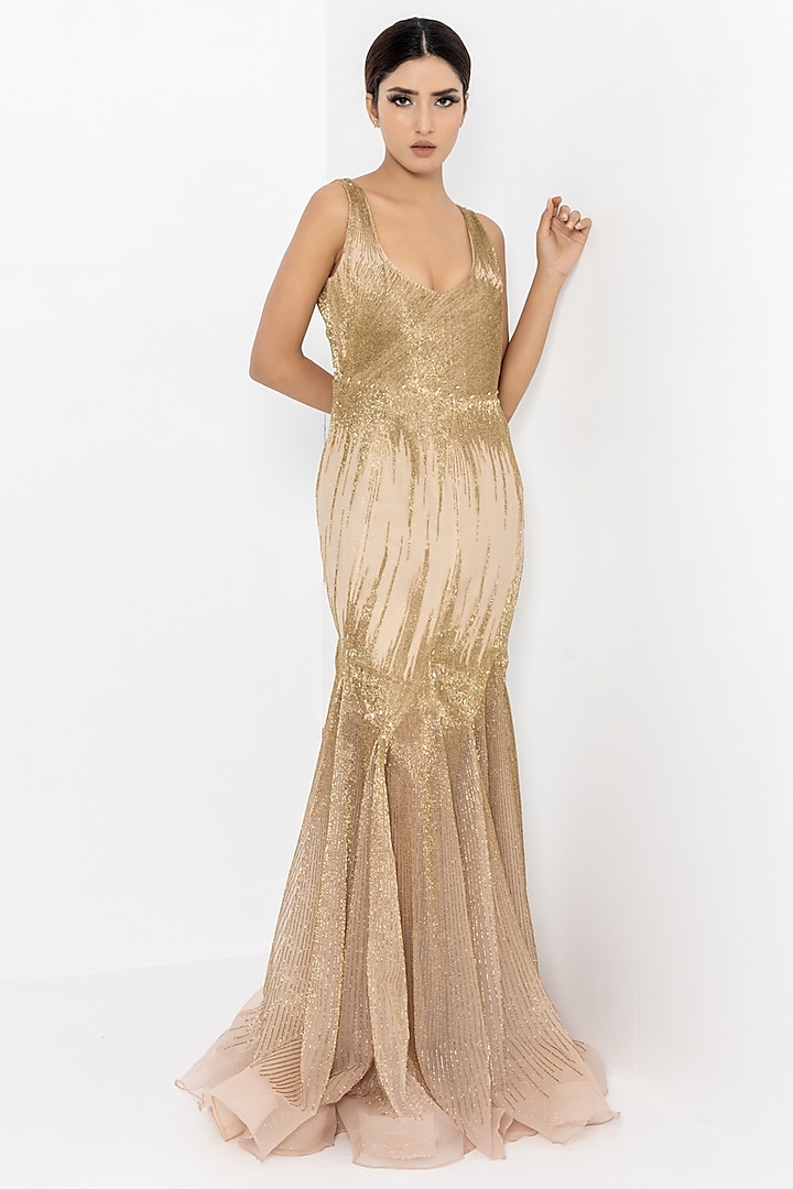 Beige & Gold Shimmer Organza Hand Embellished Gown by SARTORIALE