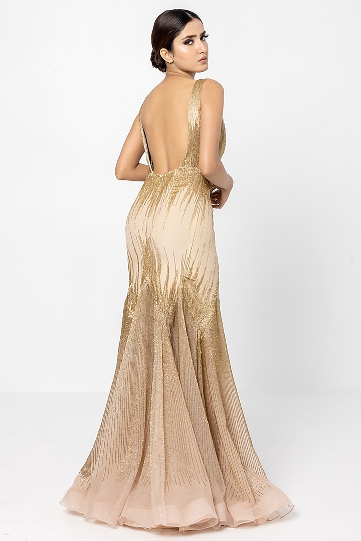 Beige & Gold Shimmer Organza Hand Embellished Wedding Gown by SARTORIALE at Pernia's Pop Up Shop