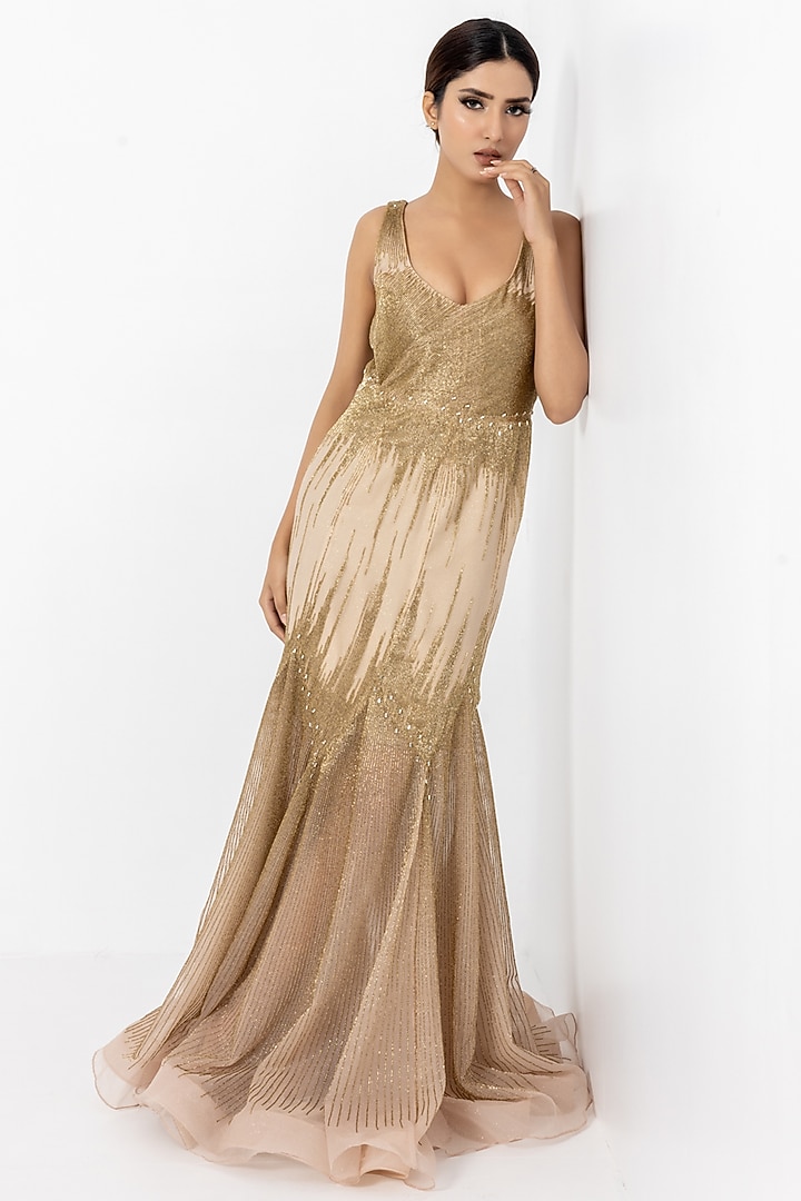 Beige & Gold Shimmer Organza Hand Embellished Wedding Gown by SARTORIALE at Pernia's Pop Up Shop