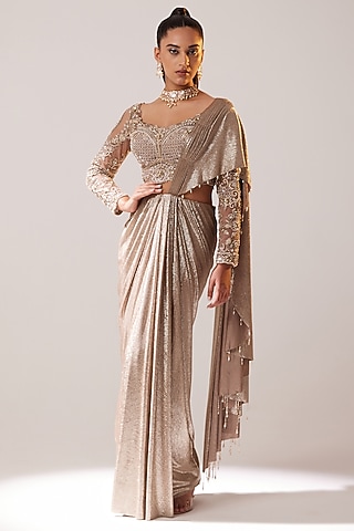Gold Lame Hand Embellished Draped Saree Set by SARTORIALE