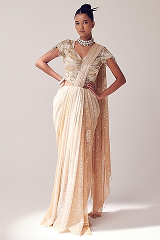 Gold Sequins Net Draped Saree Set by SARTORIALE