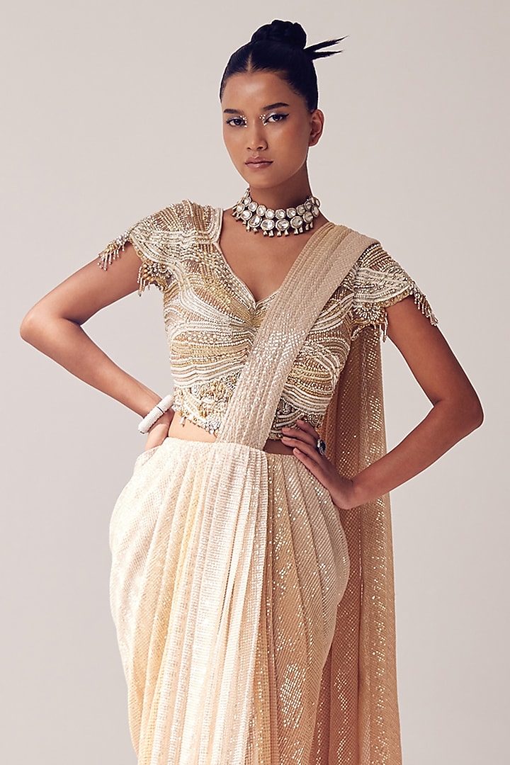 Gold Sequins Net Draped Wedding Saree Set by SARTORIALE at Pernia's Pop Up Shop