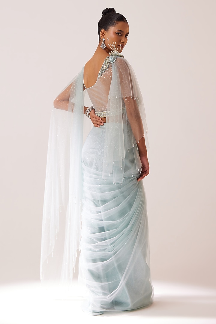 Dusty Blue Snake Crepe Lame & Net Hand Embellished Wedding Saree Set by SARTORIALE at Pernia's Pop Up Shop