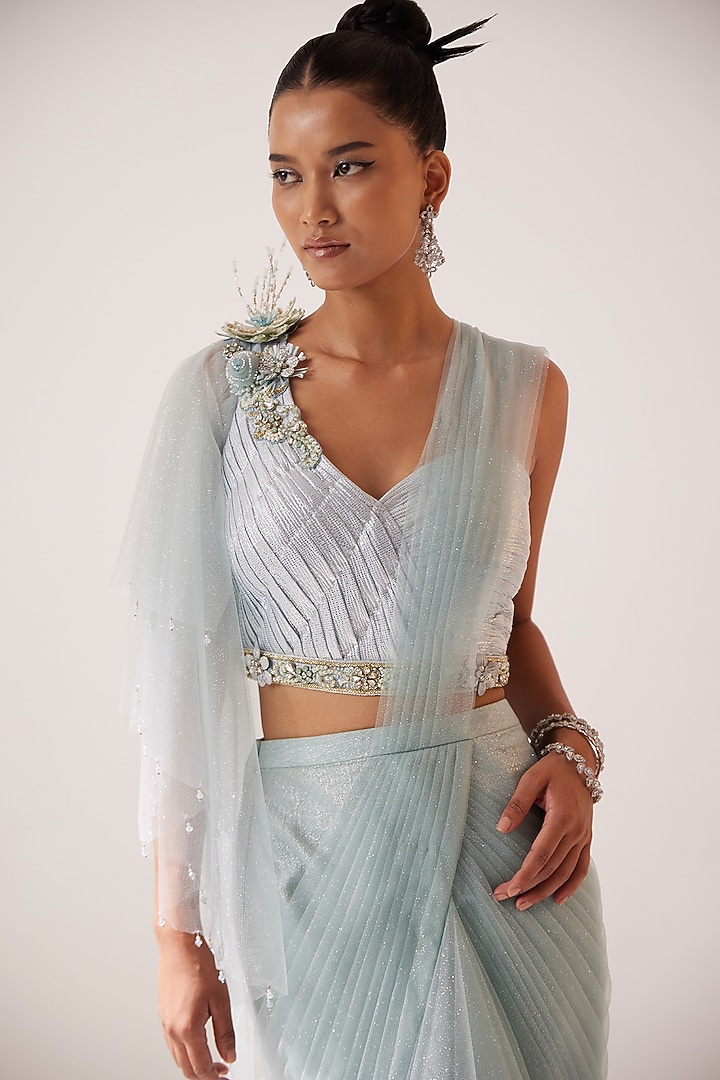 Dusty Blue Snake Crepe Lame & Net Hand Embellished Wedding Saree Set by SARTORIALE at Pernia's Pop Up Shop