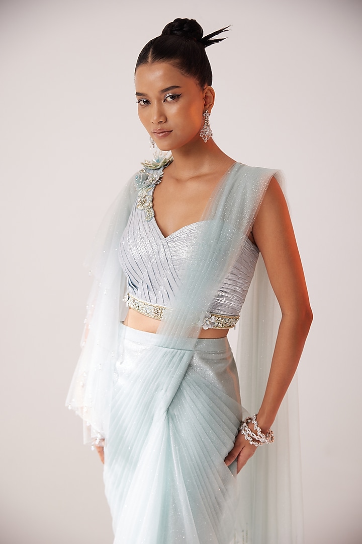 Dusty Blue Snake Crepe Lame & Net Hand Embellished Wedding Saree Set by SARTORIALE at Pernia's Pop Up Shop