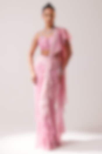 Dusty Pink Sequins Net Hand Embellished Draped Saree Set by SARTORIALE