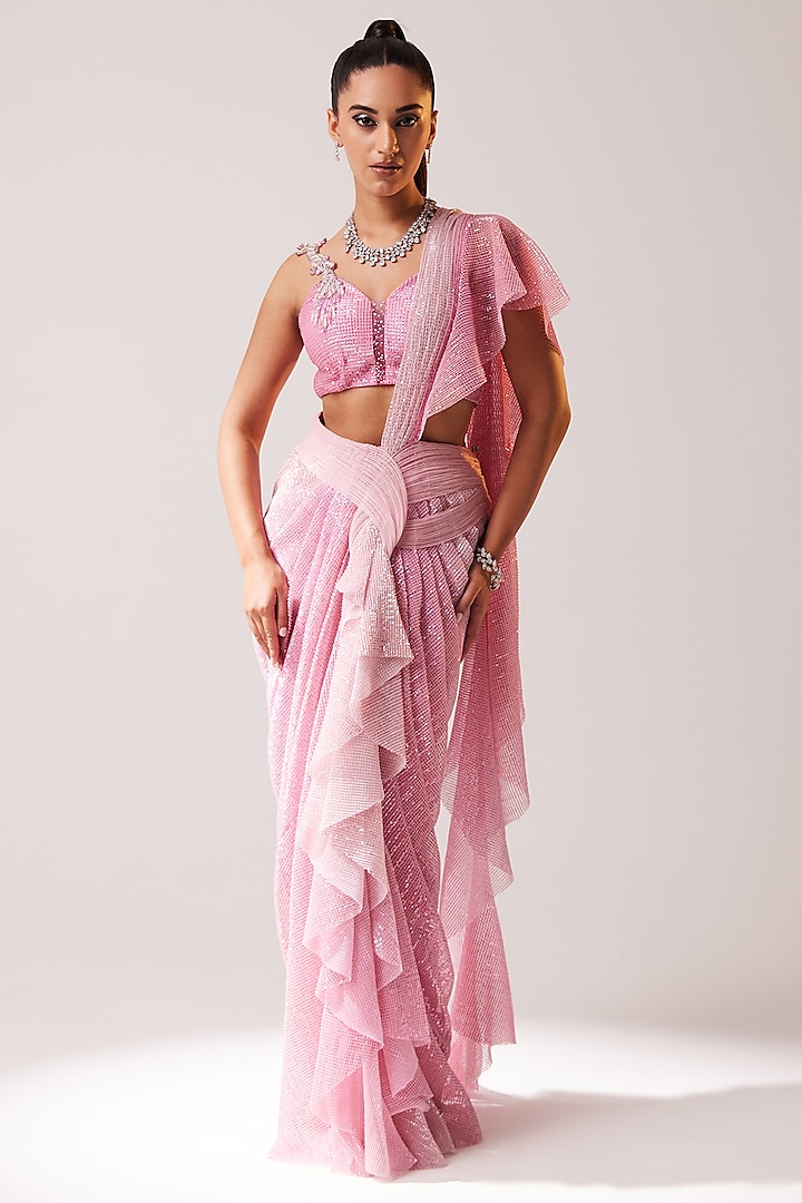 Dusty Pink Sequins Net Hand Embellished Draped Saree Set by SARTORIALE